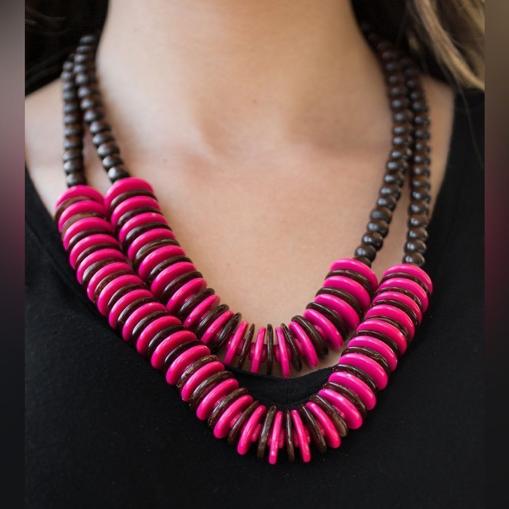 Chunky 2 tiered wooden pink and brown necklace with earrings